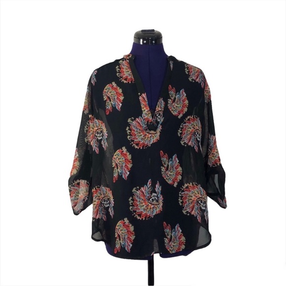 Black Native American Feather War Bonnet Skull Long Sleeve Top - Picture 1 of 15